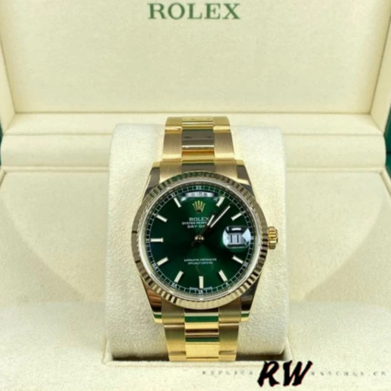 Rolex Day-Date 118238 Yellow Gold Green Dial 36mm Unisex Replica Watch - Image 6