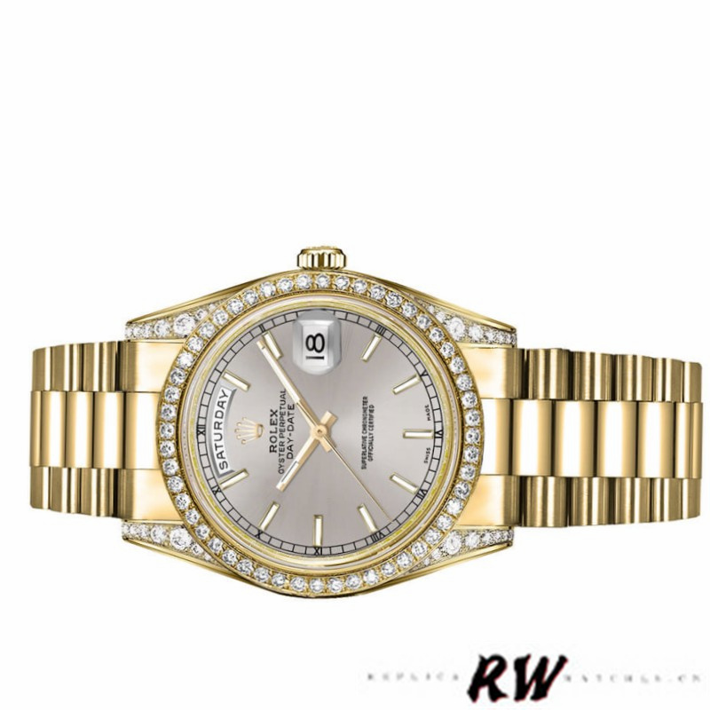 Rolex Day-Date 118388 Yellow Gold Silver Index Dial 36MM Unisex Replica Watch - Image 4