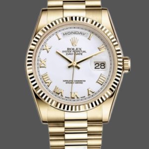 Rolex Day-Date 118238 Yellow Gold White dial Fluted Bezel 36mm Unisex Replica Watch