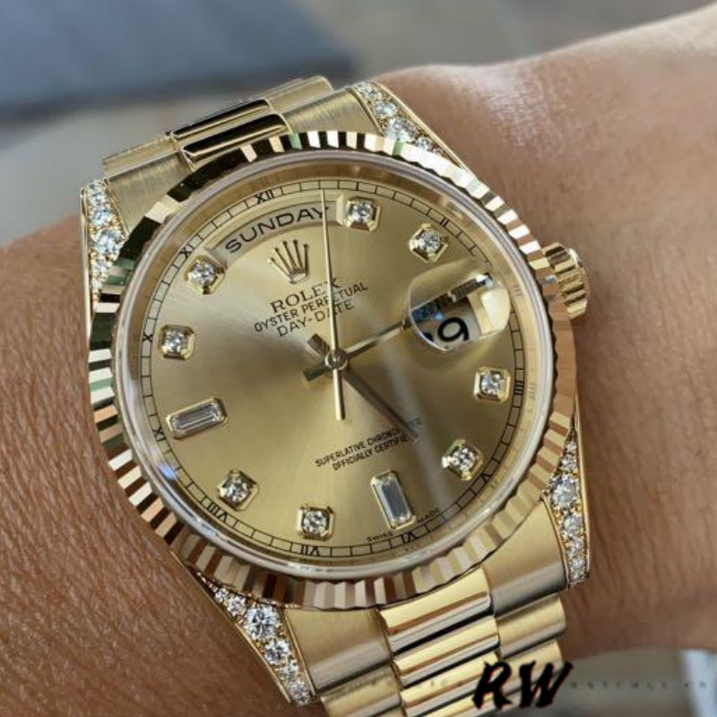 Rolex Day-Date 118338 Yellow Gold Champagne Diamonds Dial 36mm Unisex Replica Watch - Image 3