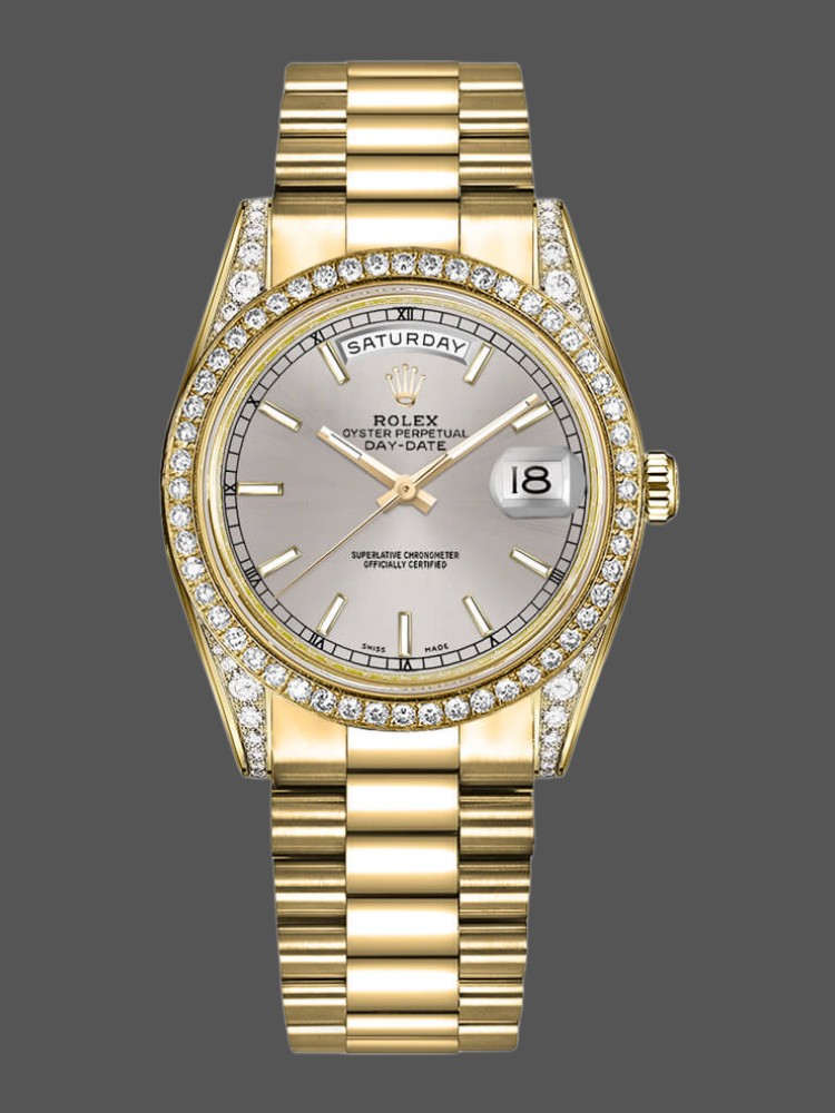 Rolex Day-Date 118388 Yellow Gold Silver Index Dial 36MM Unisex Replica Watch