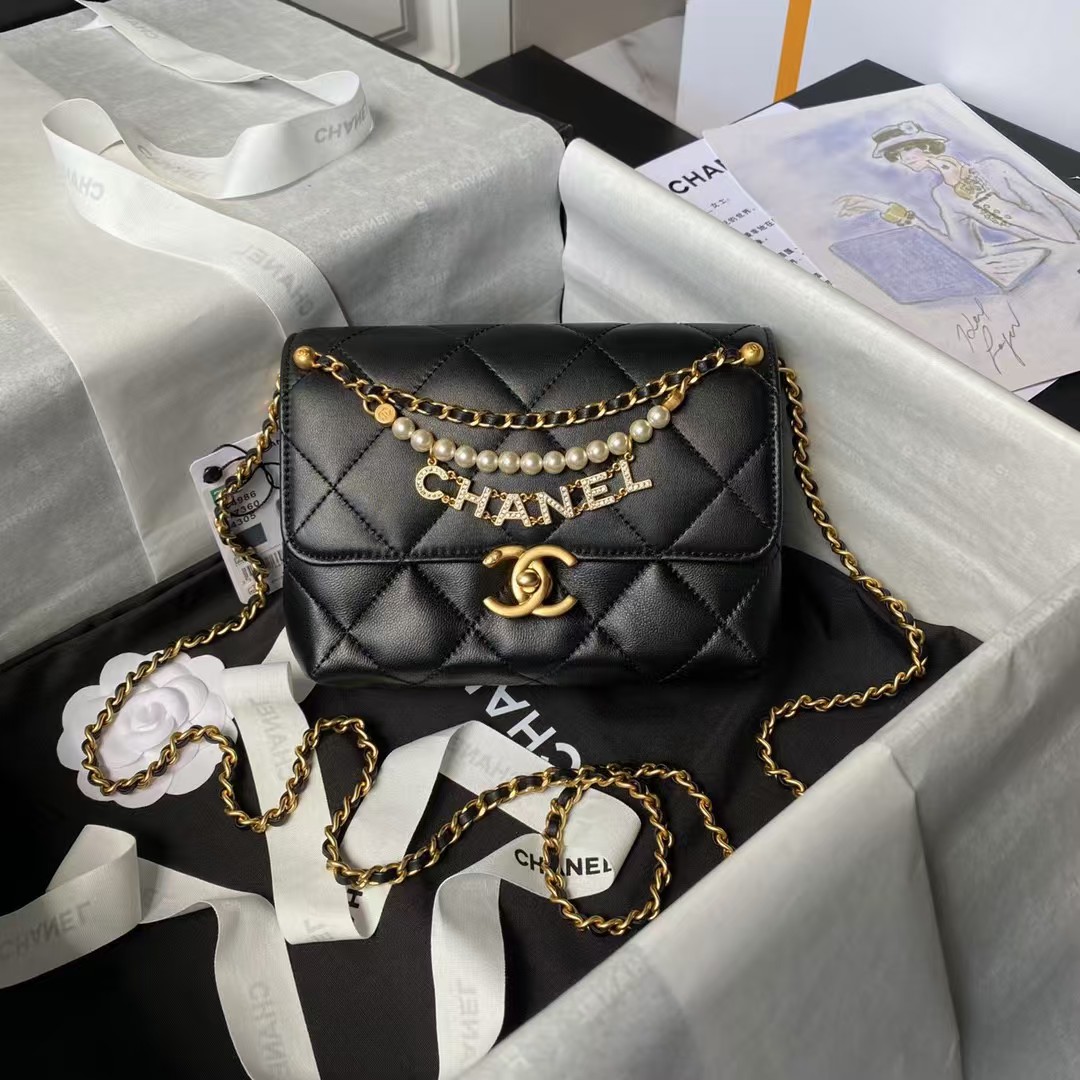 Chanel AS4986 Mini Flap bag Shiny Lambskin Imitation Pearls & Gold-Tone Metal Black - Image 4