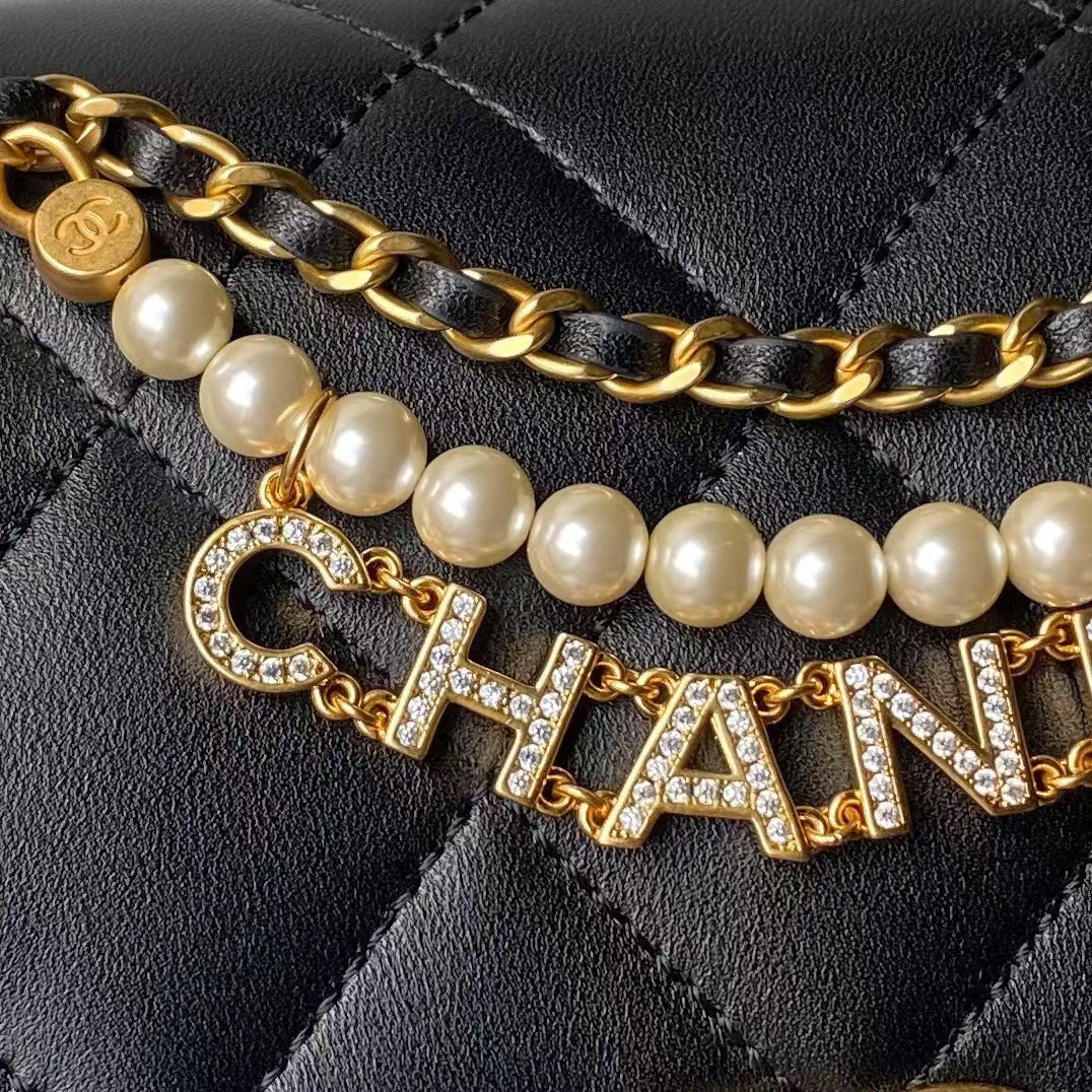 Chanel AS4986 Mini Flap bag Shiny Lambskin Imitation Pearls & Gold-Tone Metal Black - Image 6