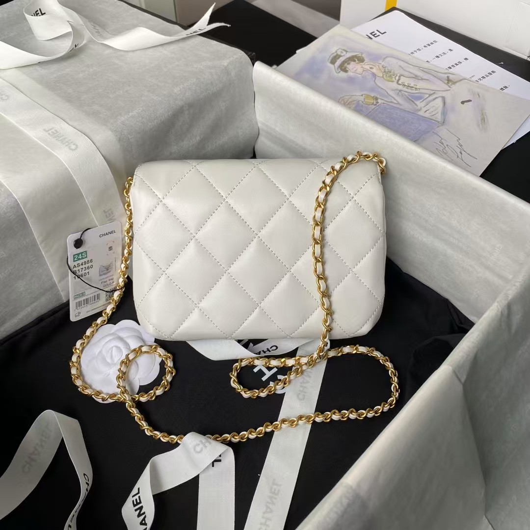 Chanel AS4986 Mini Flap bag Shiny Lambskin Imitation Pearls & Gold-Tone Metal White - Image 7