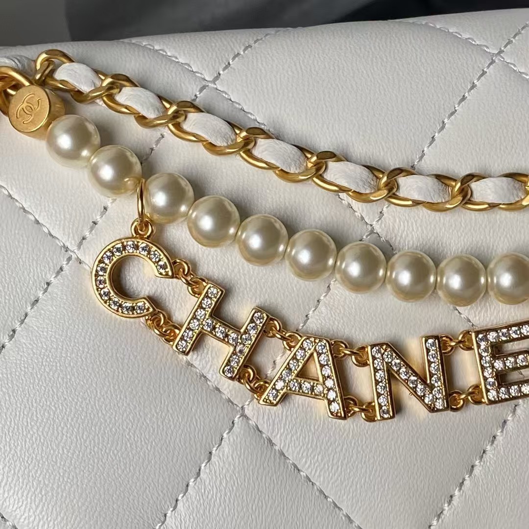 Chanel AS4986 Mini Flap bag Shiny Lambskin Imitation Pearls & Gold-Tone Metal White - Image 3