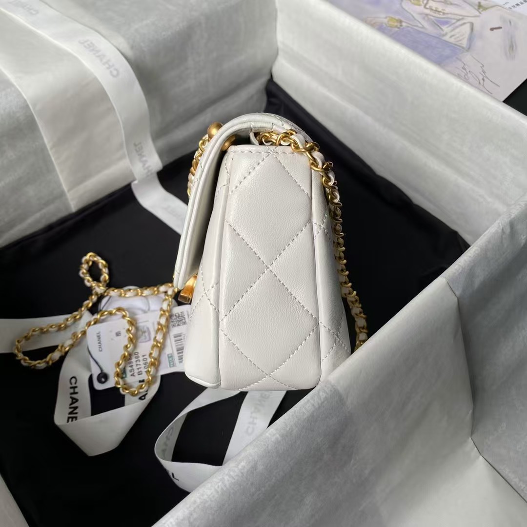 Chanel AS4986 Mini Flap bag Shiny Lambskin Imitation Pearls & Gold-Tone Metal White - Image 6
