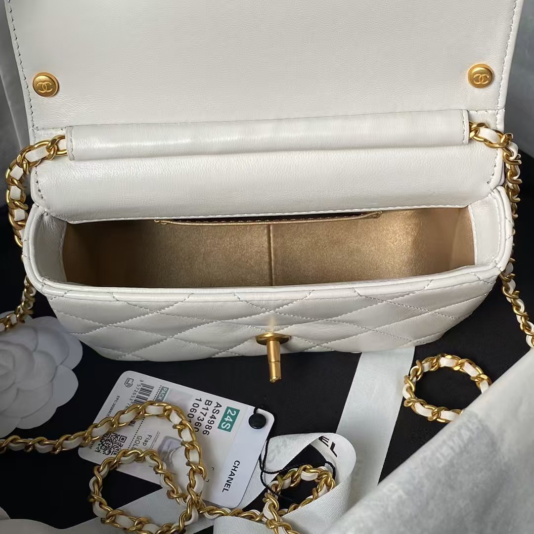 Chanel AS4986 Mini Flap bag Shiny Lambskin Imitation Pearls & Gold-Tone Metal White
