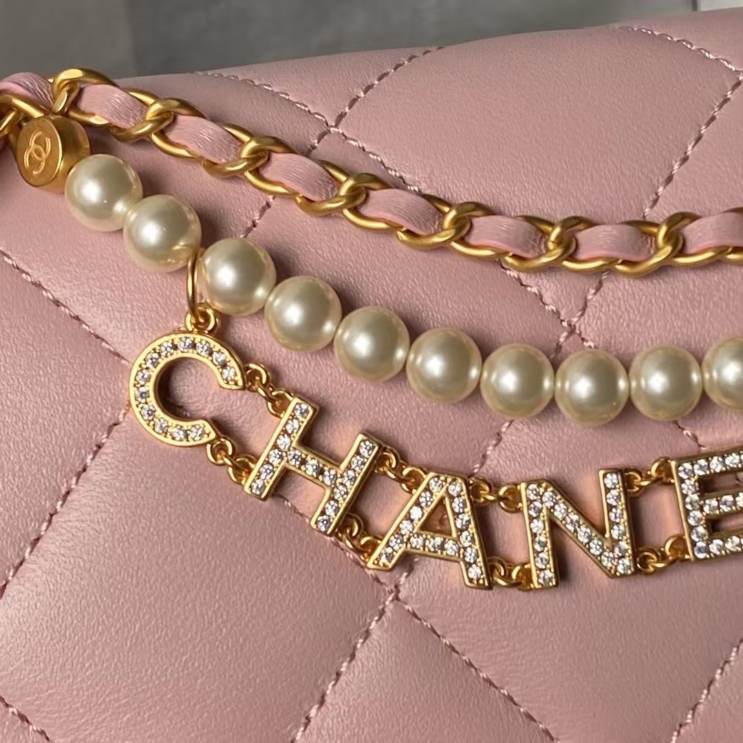 Chanel AS4986 Mini Flap bag Shiny Lambskin Imitation Pearls & Gold-Tone Metal Pink - Image 2