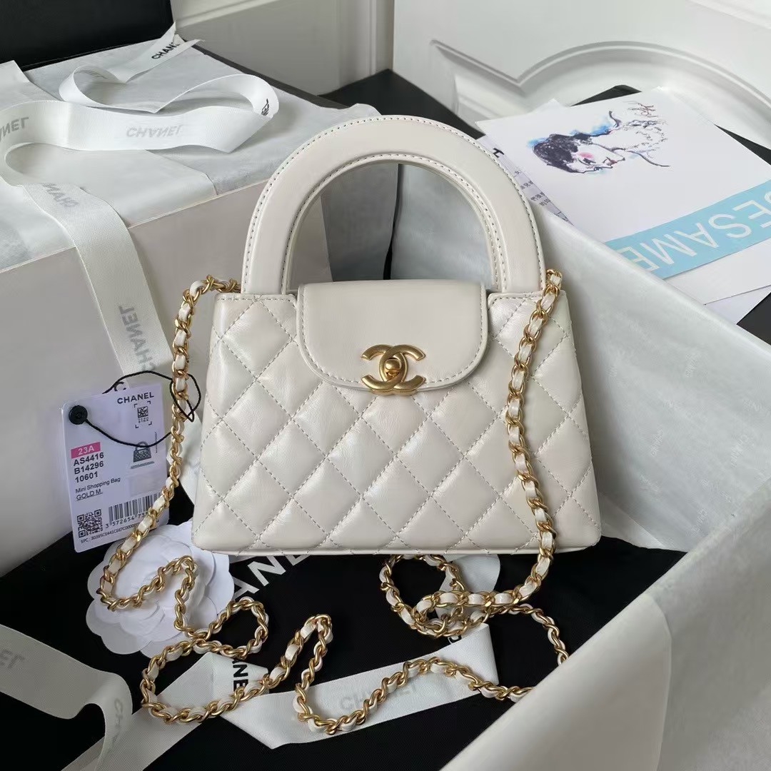 Chanel AS4416 Mini Shopping Bag Shiny Aged Calfskin Gold Tone Metal Off-White - Image 6