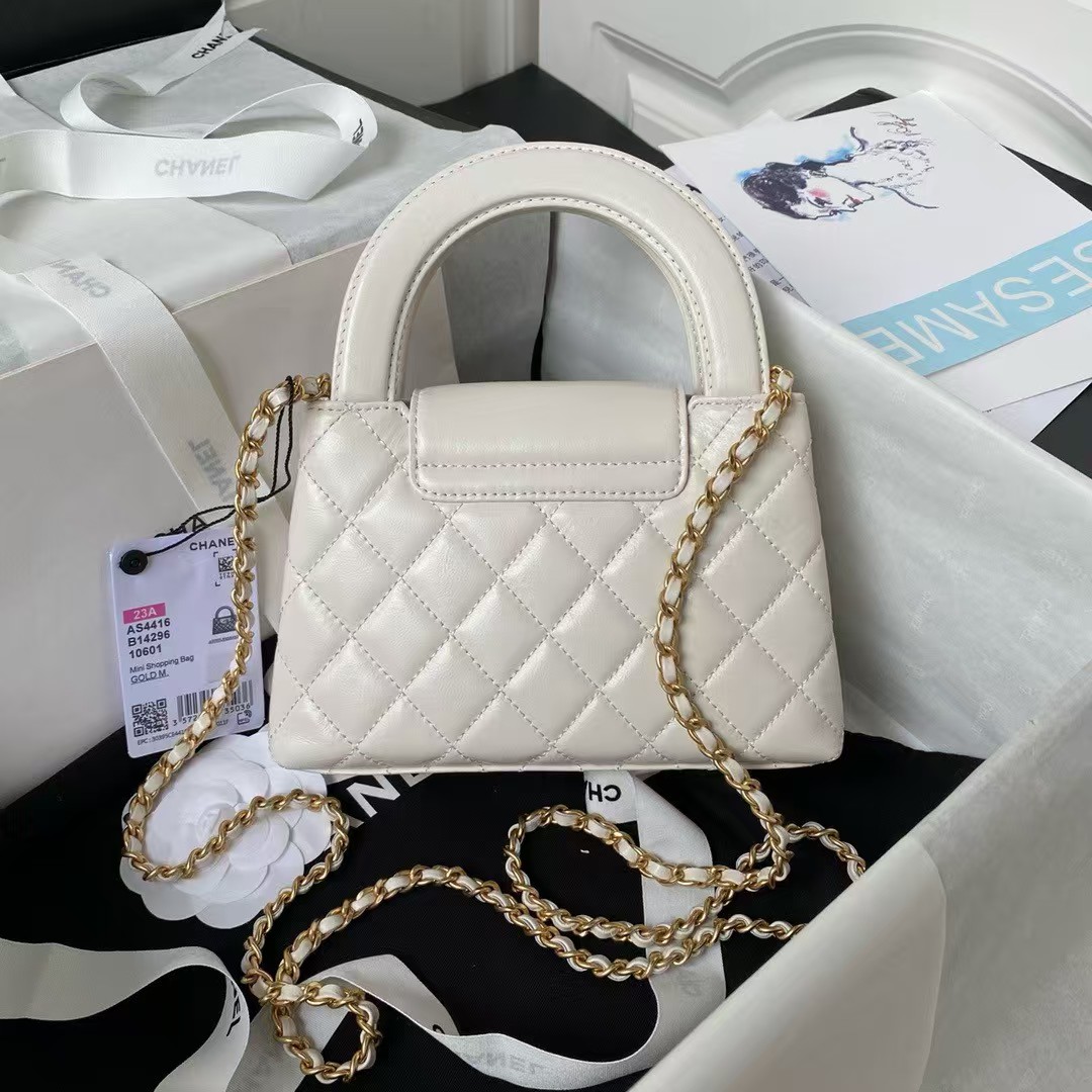 Chanel AS4416 Mini Shopping Bag Shiny Aged Calfskin Gold Tone Metal Off-White - Image 5