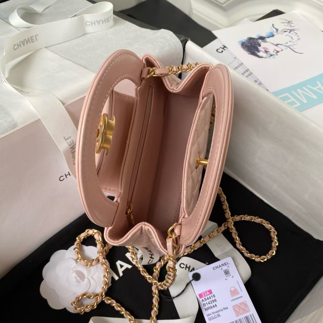 Chanel AS4416 Mini Shopping Bag Shiny Aged Calfskin Gold Tone Metal Light Pink - Image 5