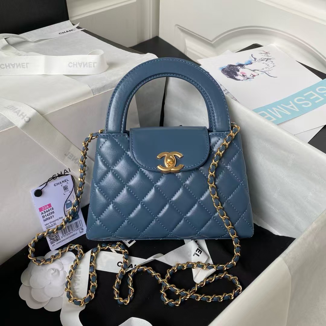 Chanel AS4416 Mini Shopping Bag Shiny Aged Calfskin Gold-Tone Metal Blue - Image 3