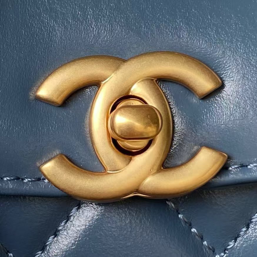 Chanel AS4416 Mini Shopping Bag Shiny Aged Calfskin Gold-Tone Metal Blue - Image 4