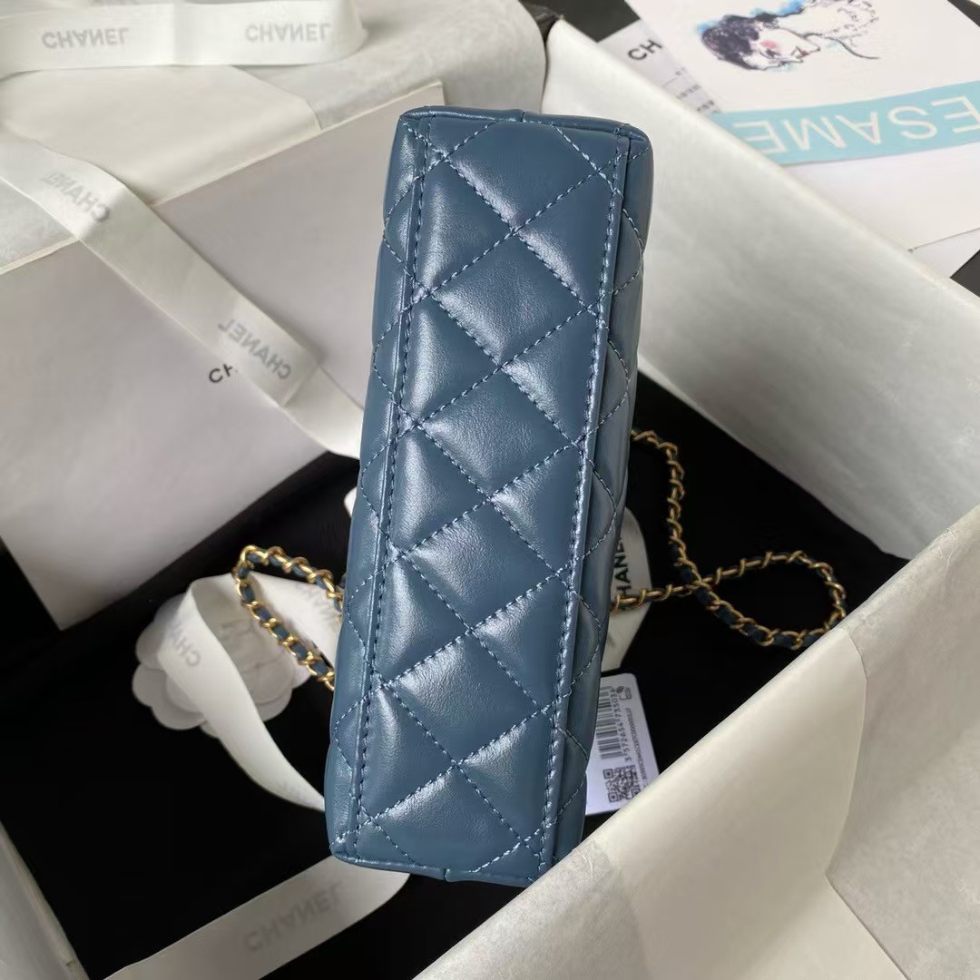 Chanel AS4416 Mini Shopping Bag Shiny Aged Calfskin Gold-Tone Metal Blue - Image 6