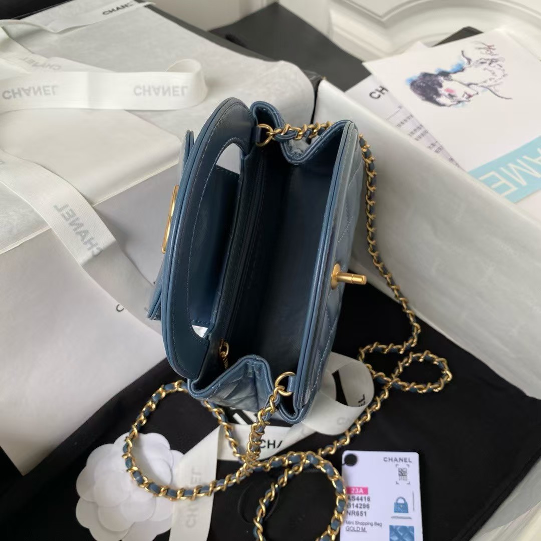 Chanel AS4416 Mini Shopping Bag Shiny Aged Calfskin Gold-Tone Metal Blue - Image 2