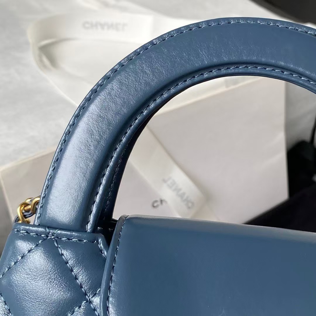 Chanel AS4416 Mini Shopping Bag Shiny Aged Calfskin Gold-Tone Metal Blue - Image 7