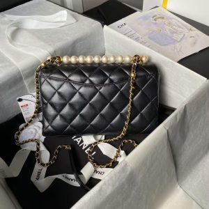 Chanel AS4997 Flap Bag with top Handle Shiny Lambskin Imitation Pearls & Gold-Tone Metal Black