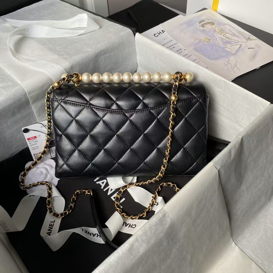 Chanel AS4997 Flap Bag with top Handle Shiny Lambskin Imitation Pearls & Gold-Tone Metal Black