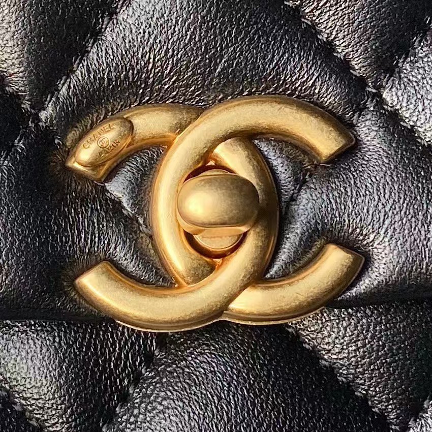 Chanel AS4997 Flap Bag with top Handle Shiny Lambskin Imitation Pearls & Gold-Tone Metal Black - Image 6