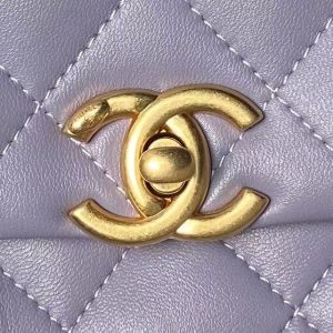 Chanel AS4997 Flap Bag With Top Handle Shiny Lambskin Imitation Pearls & Gold-Tone Metal Purple