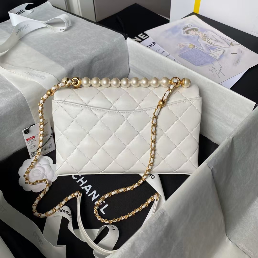 Chanel AS4997 Flap Bag Top Handle Shiny Lambskin Imitation Pearl & Gold Metal White - Image 3