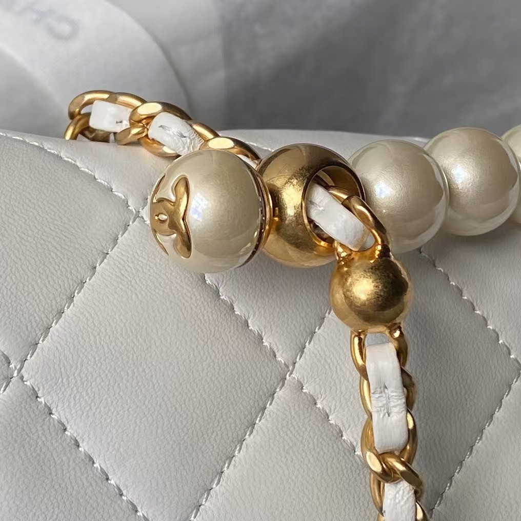 Chanel AS4997 Flap Bag Top Handle Shiny Lambskin Imitation Pearl & Gold Metal White - Image 7