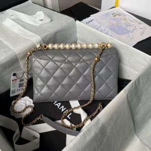 Chanel AS4997 Flap Bag Top Handle Shiny Lambskin Imitation Pearl & Gold Metal Grey
