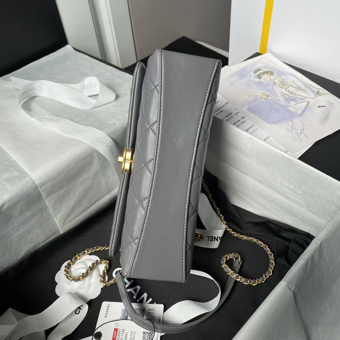 Chanel AS4997 Flap Bag Top Handle Shiny Lambskin Imitation Pearl & Gold Metal Grey - Image 7
