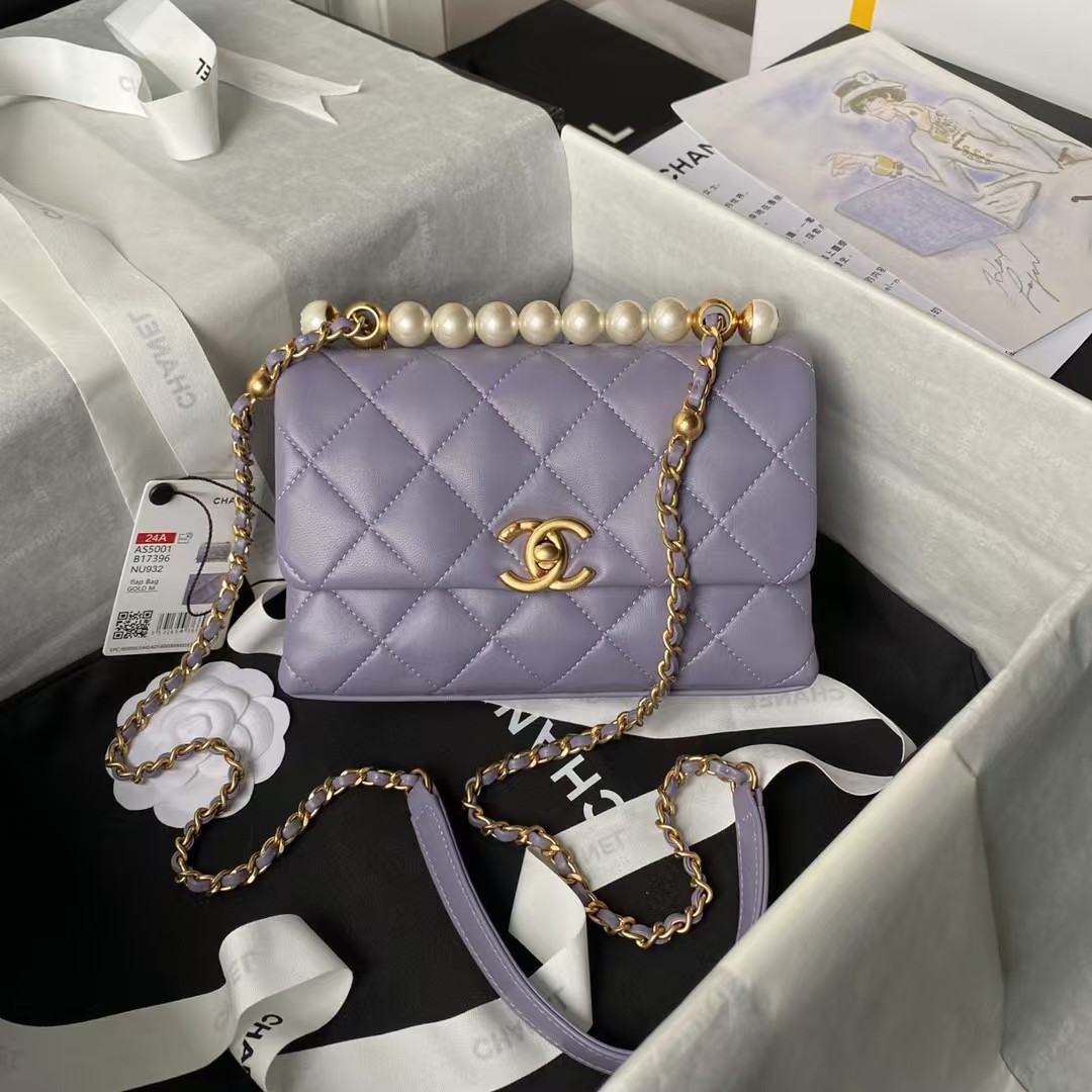 Chanel AS5001 Mini Flap Bag Top Handle Shiny Lambskin Faux Pearl & Gold Metallic Purple - Image 5