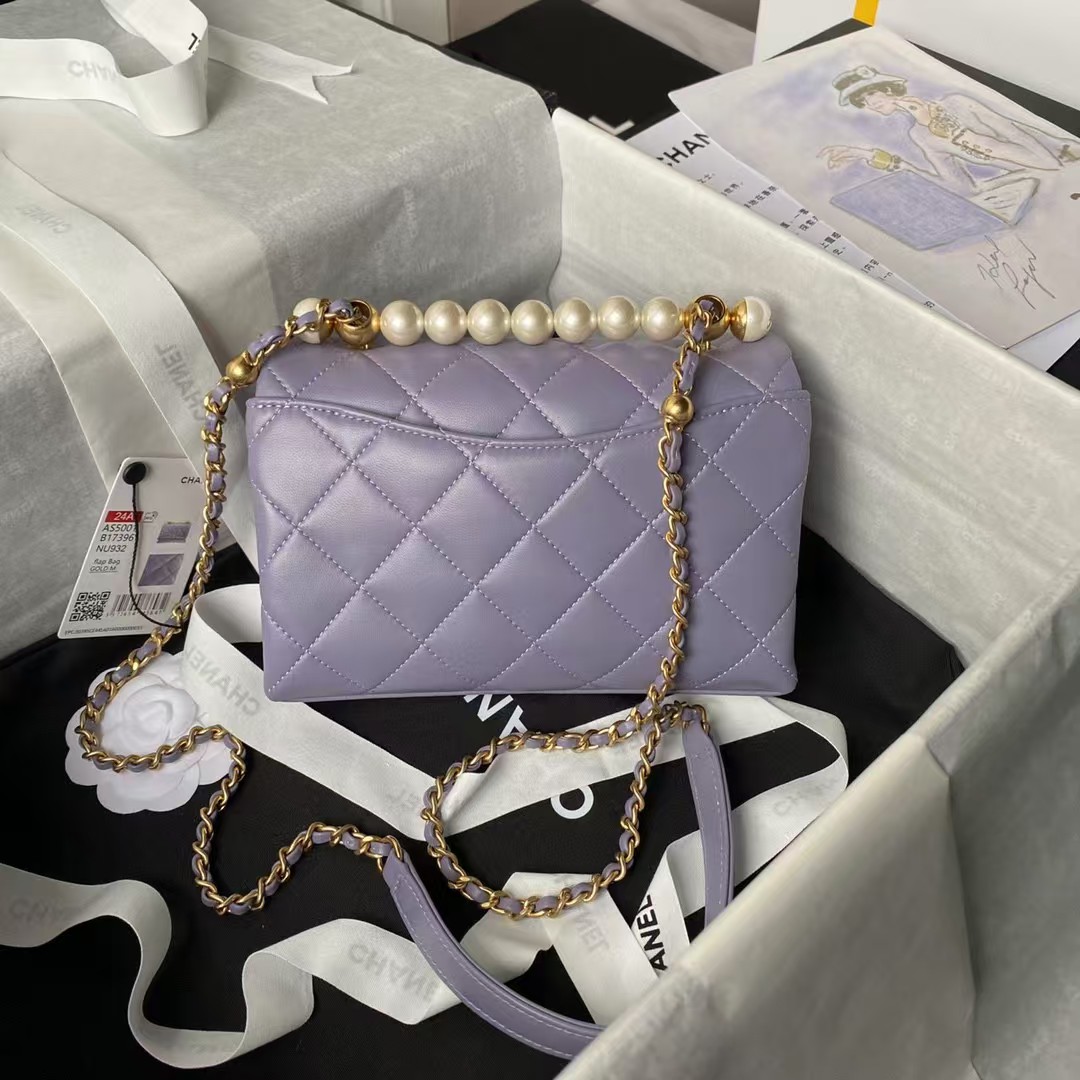 Chanel AS5001 Mini Flap Bag Top Handle Shiny Lambskin Faux Pearl & Gold Metallic Purple - Image 7
