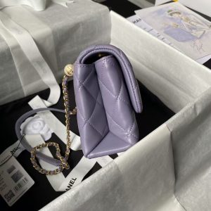Chanel AS5001 Mini Flap Bag Top Handle Shiny Lambskin Faux Pearl & Gold Metallic Purple