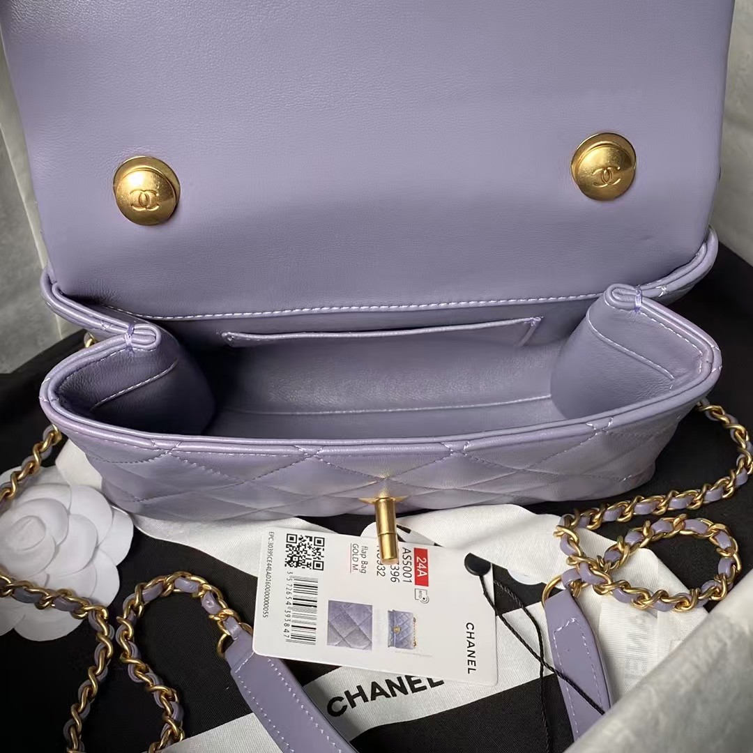 Chanel AS5001 Mini Flap Bag Top Handle Shiny Lambskin Faux Pearl & Gold Metallic Purple - Image 6