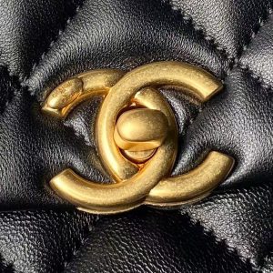 Chanel AS5001 Mini Flap Bag Top Handle Shiny Lambskin Imitation Pearl & Gold Metal Black