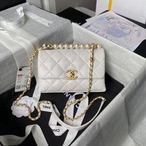 Chanel AS5001 Mini Flap Bag Top Handle Shiny Lambskin Imitation Pearl & Gold Metal White
