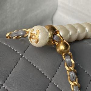 Chanel AS5001 Mini Flap Bag Top Handle Shiny Lambskin Imitation Pearl & Gold Metallic Grey