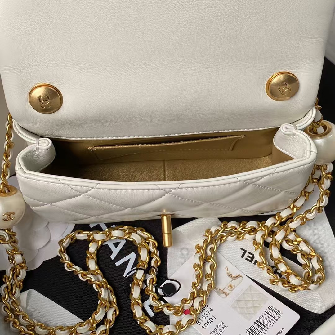 Chanel AS4868 Mini Flap Bag Pearl Lambskin Faux Pearl & Gold Metal White - Image 4
