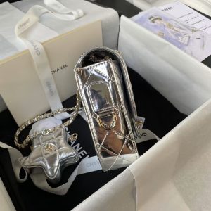 Chanel AS4647 Mini Flap Bag With Star Coin Purse Metallic Calfskin & Gold Metallic Silver