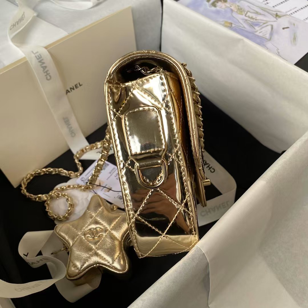 Chanel AS4647 Mini Flap Bag With Star Coin Purse Metallic Calfskin & Gold Metallic Gold - Image 8