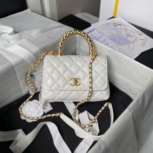 Chanel AS2215 Mini Flap Bag With Metal Top Handle Shiny Calfskin White