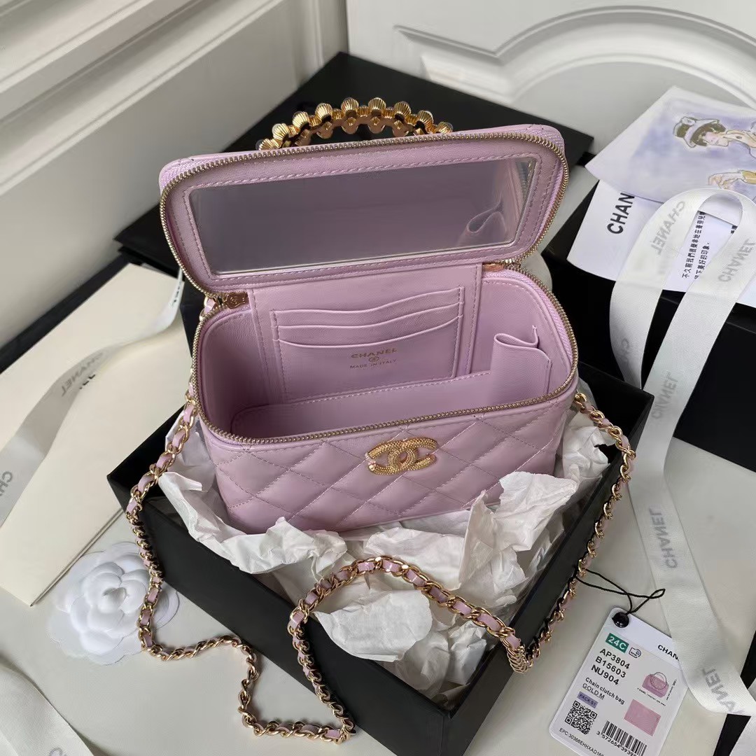 Chanel AP3804 Lambskin Cosmetic Bag With Pearl Handle Pink Purple