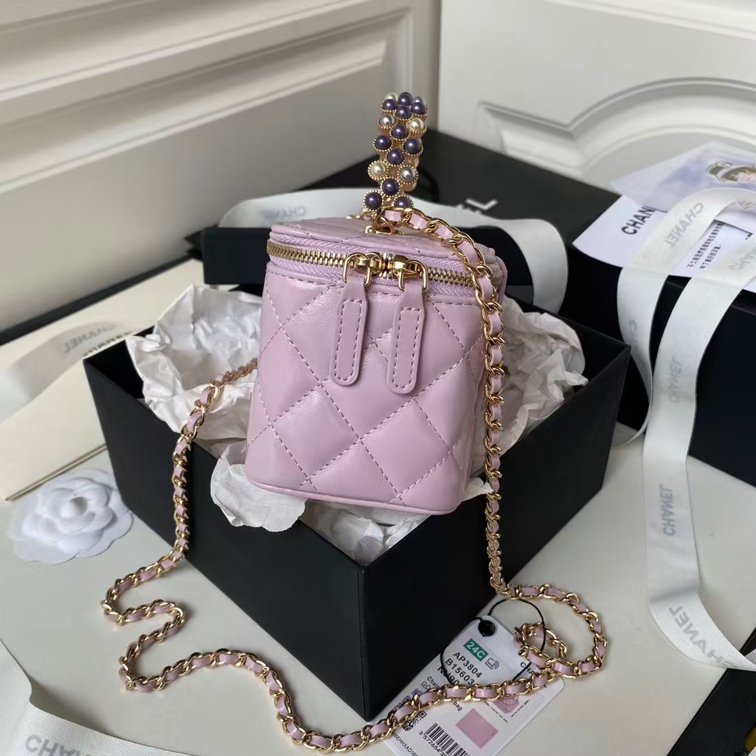 Chanel AP3804 Lambskin Cosmetic Bag With Pearl Handle Pink Purple - Image 4