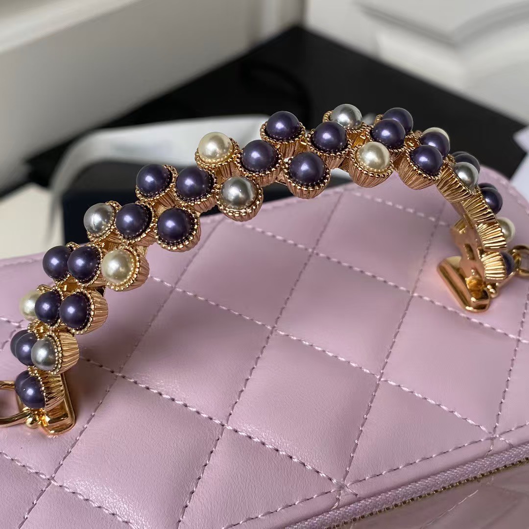Chanel AP3804 Lambskin Cosmetic Bag With Pearl Handle Pink Purple - Image 7