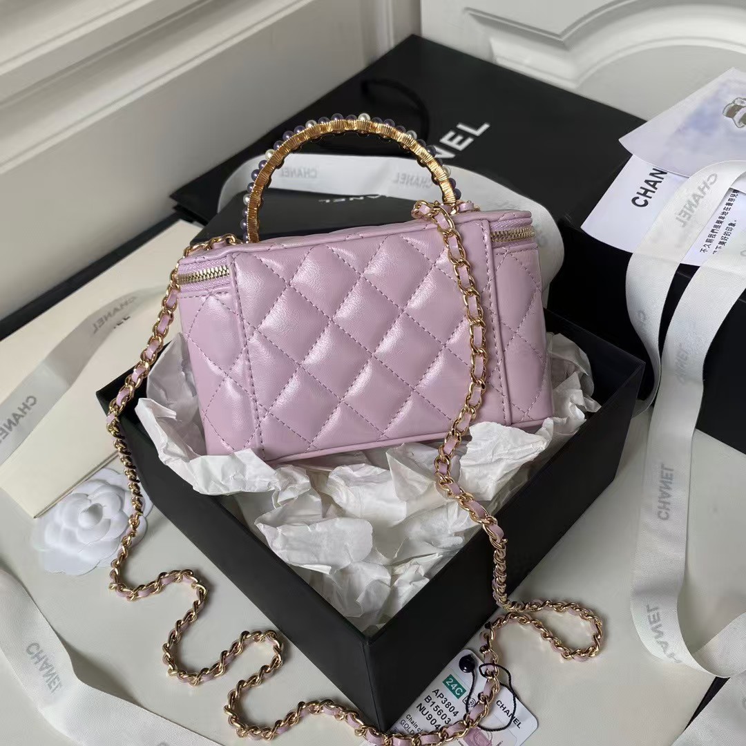 Chanel AP3804 Lambskin Cosmetic Bag With Pearl Handle Pink Purple - Image 5
