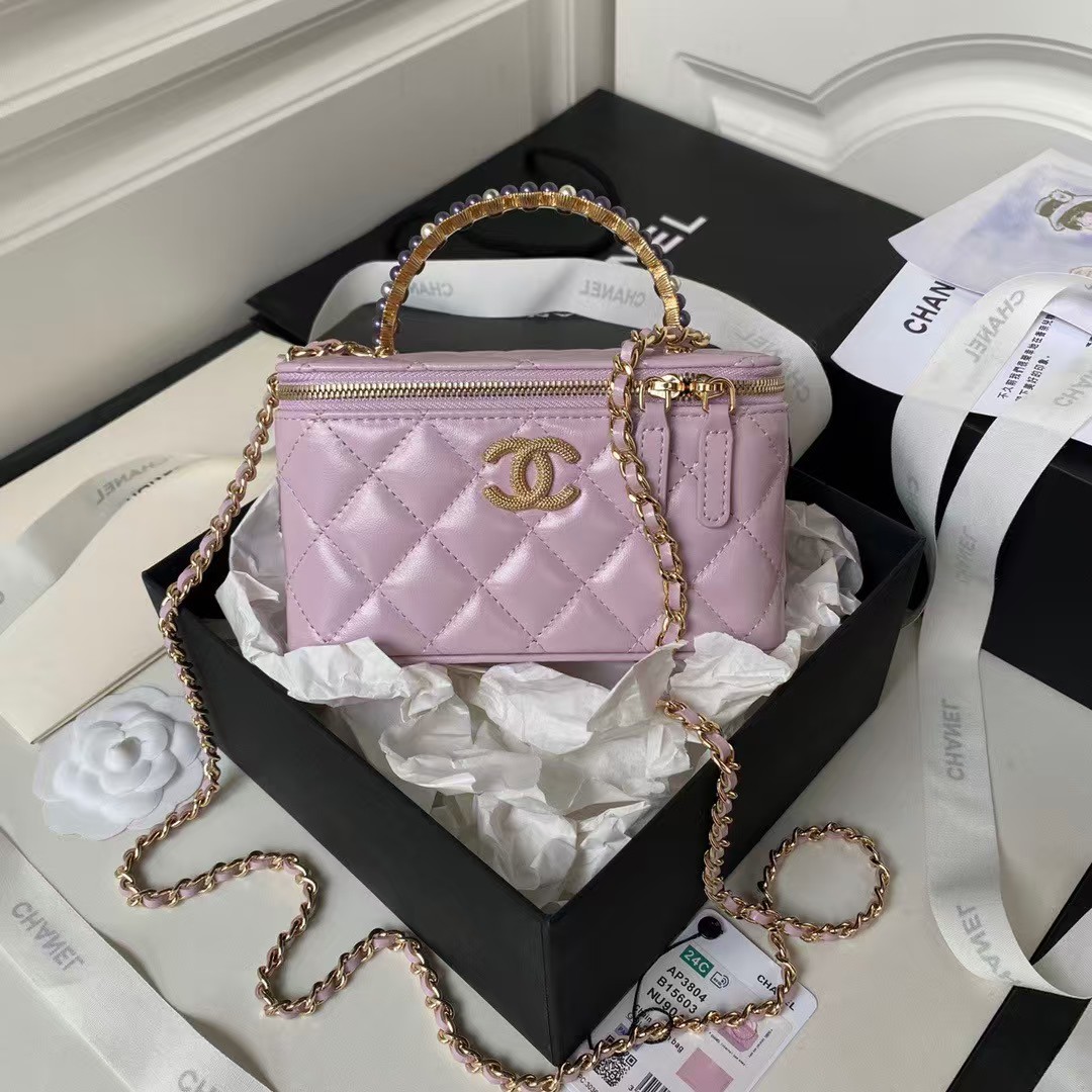 Chanel AP3804 Lambskin Cosmetic Bag With Pearl Handle Pink Purple - Image 3