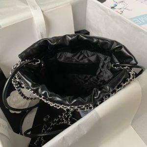 Chanel 22 AS3980 Mini Tote Bag Shiny Calfskin & Silver Metal Black