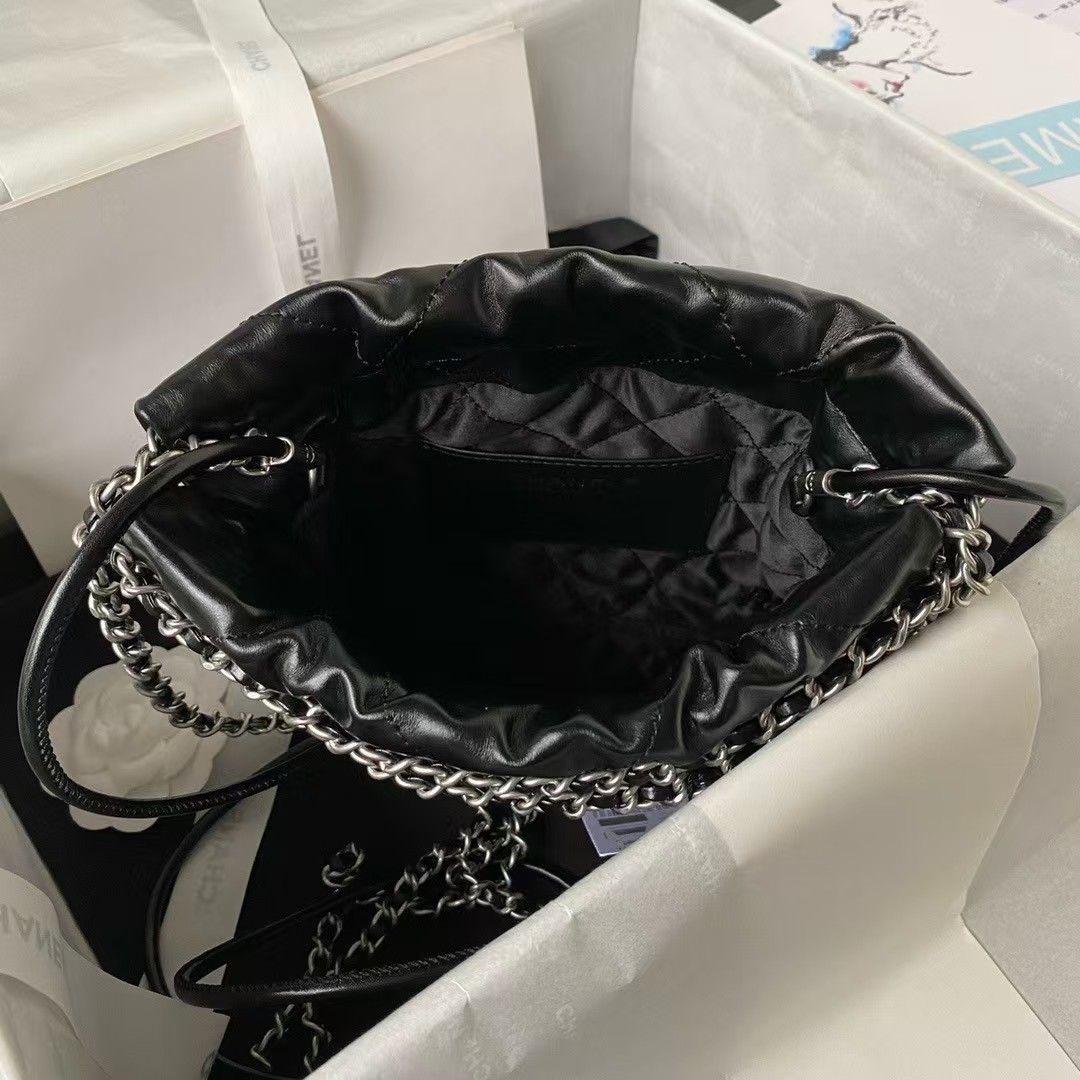 Chanel 22 AS3980 Mini Tote Bag Shiny Calfskin & Silver Metal Black