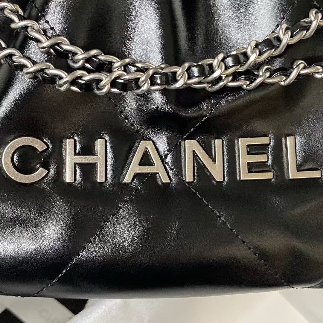 Chanel 22 AS3980 Mini Tote Bag Shiny Calfskin & Silver Metal Black - Image 6