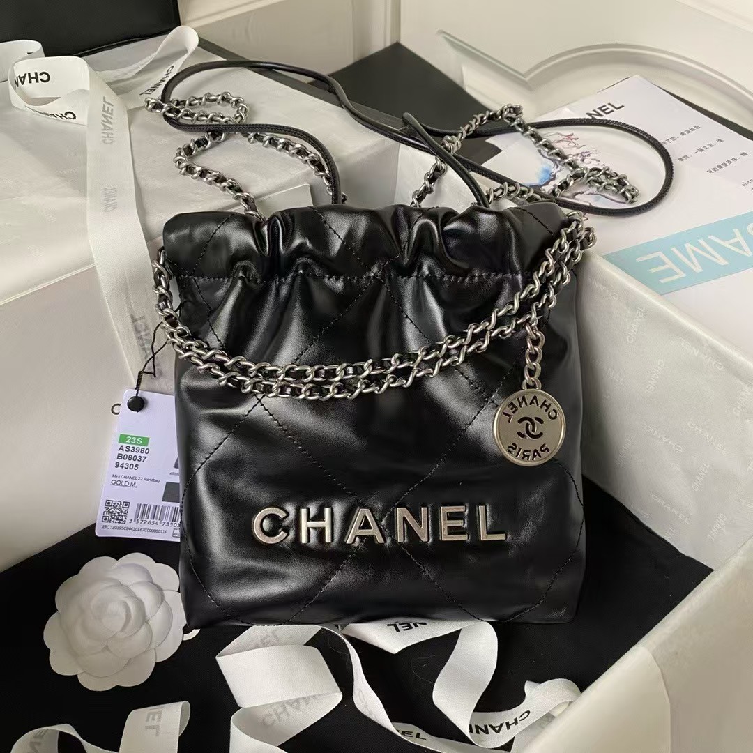 Chanel 22 AS3980 Mini Tote Bag Shiny Calfskin & Silver Metal Black - Image 7