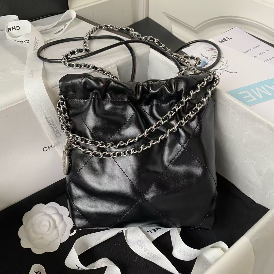 Chanel 22 AS3980 Mini Tote Bag Shiny Calfskin & Silver Metal Black - Image 4