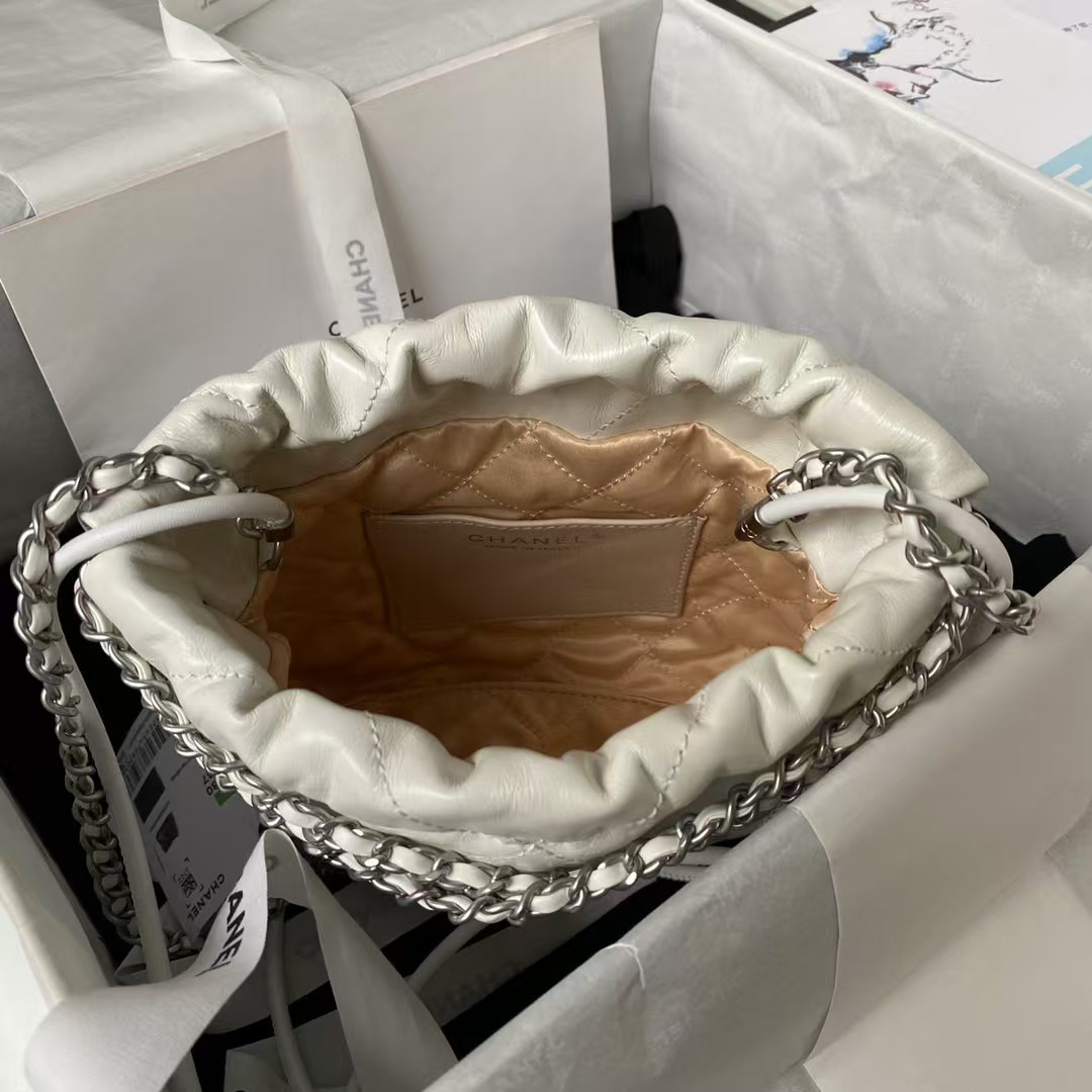 Chanel 22 AS3980 Mini Tote Shiny Calfskin & Silver-Tone Metal White - Image 2